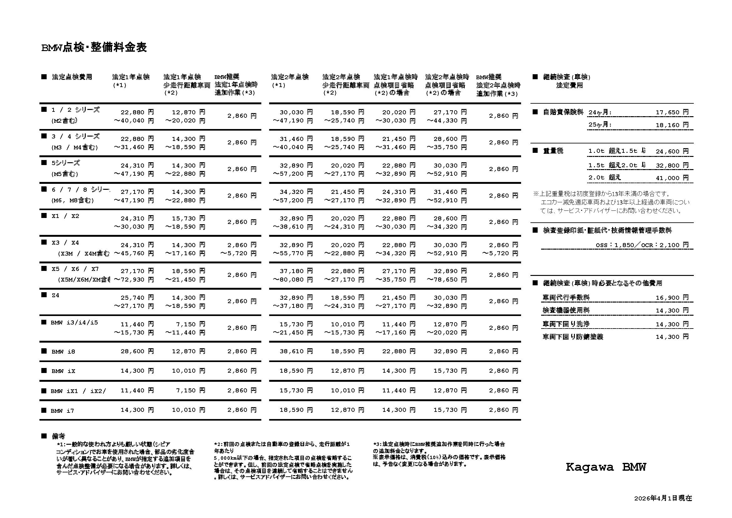 点検整備料金表